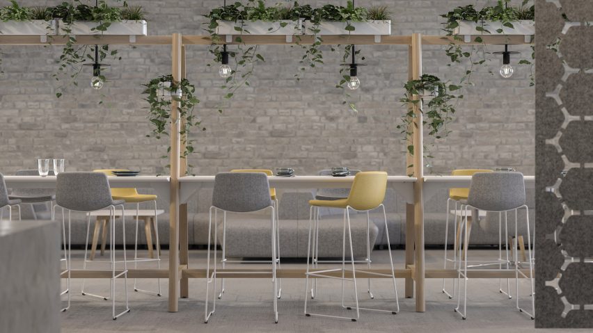 Nova Wood multipurpose table with high bar stools and integrated planting