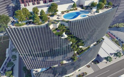Aerial view of building's roof deck