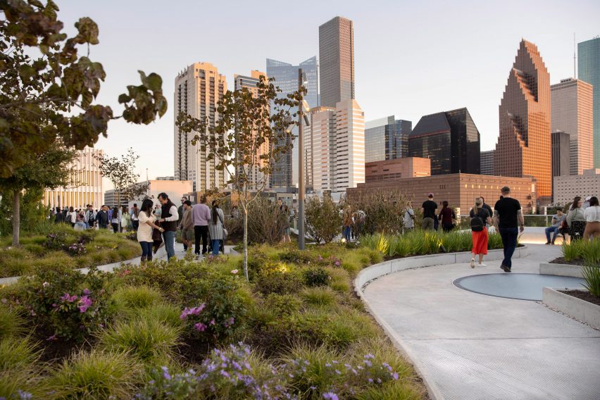 View of the Houston skyline from the rooftop park