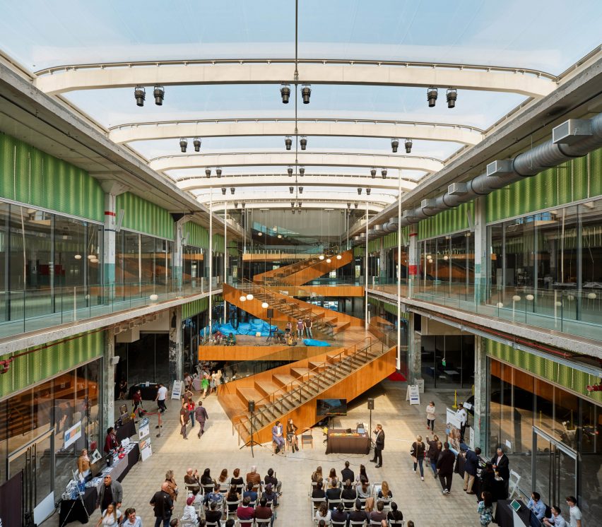 Weathering steel staircase within large atrium