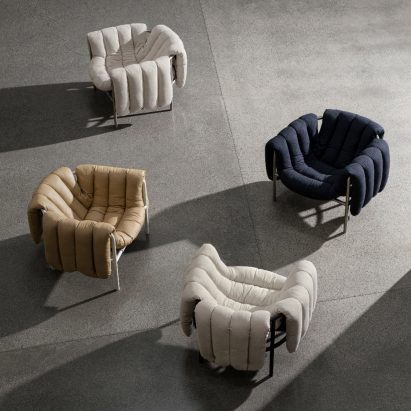 Four Puffy Lounge chairs by Faye Toogood for Hem in different colours