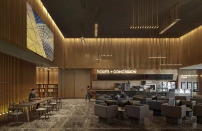 Interior view of the lobby and ticket and concessions booth at SFC Shangying Cinema Luxe