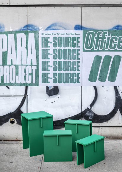 Four green stools and tables outside Re-Source exhibition