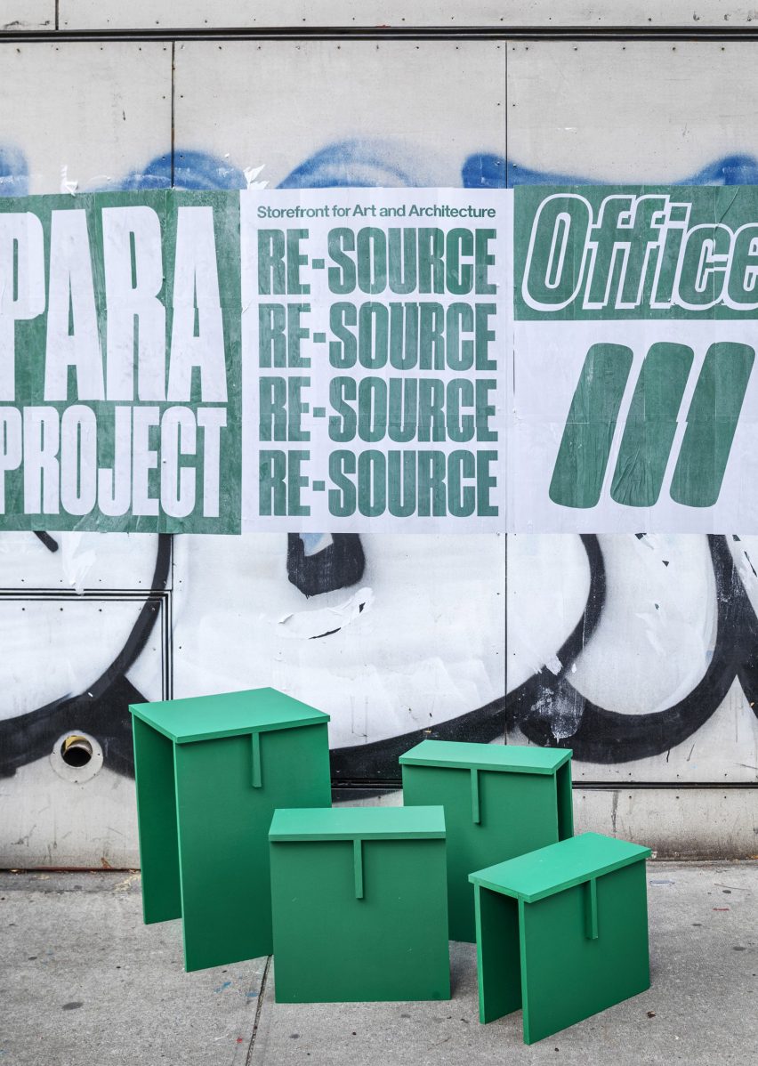 Four green stools and tables at Re-Source
