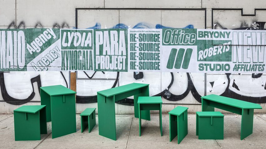 Green stools and tables inside the Re-source exhibition The interior of Re-source exhibition designed by Lanza Atelier for Storefront for Art and Architecture
