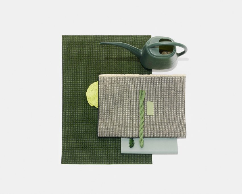 Swatches of Kvadrat's Sabi textile upholstery in a vivid, forest green and light green colour