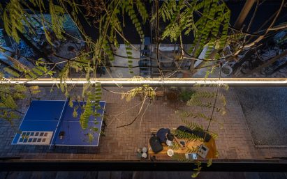An aerial view of a ping pong table outside Sher Makers' office