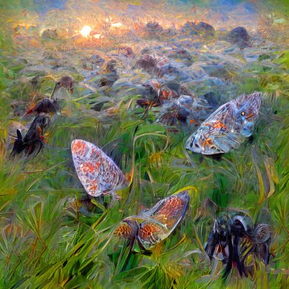 A painting of giant flies in grass