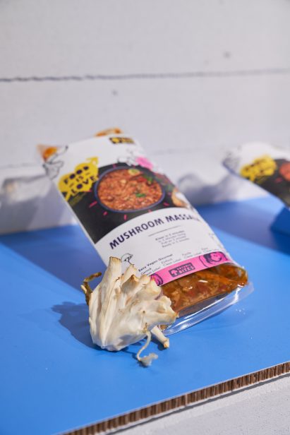 Mushroom masala made from oyster mushroom stems at Supermarket of the Future exhibition at Dutch Design Week