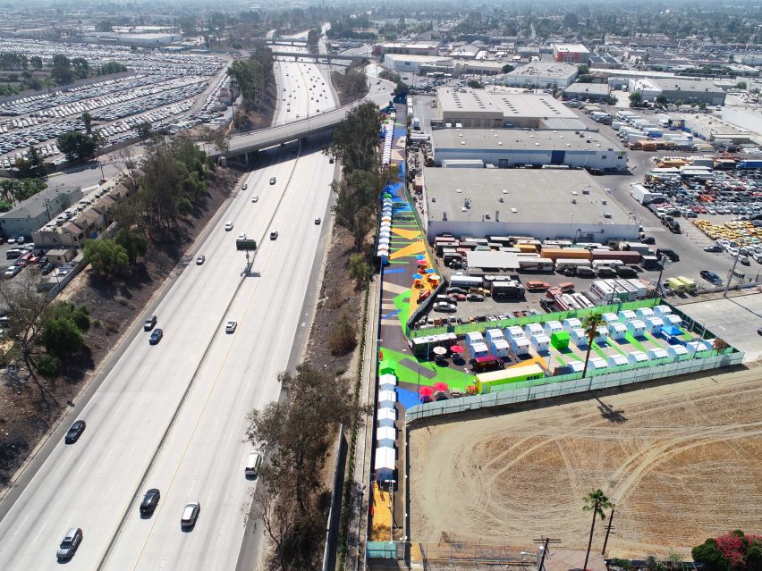 Overhead view of the tiny home village beside the 170 freeway