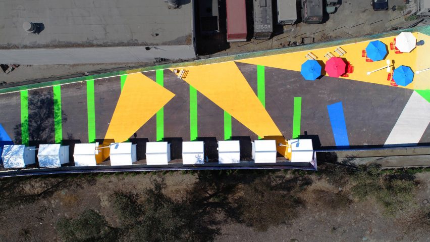 Aerial view of colourful ground graphics