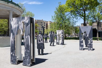 A sculpture part of the Plywood Protection Project has a monochromatic colour palette