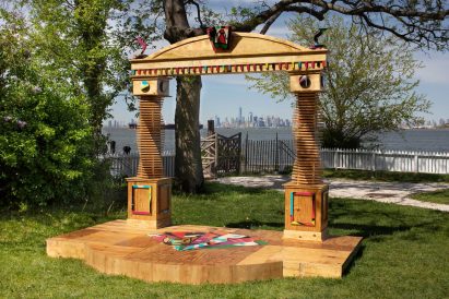 An arched shaped installation that forms part of the Plywood Protection Project