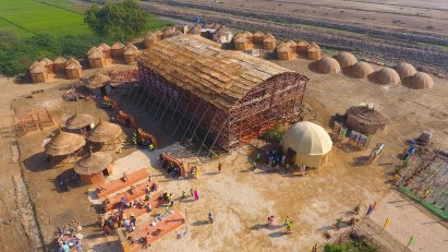 Aerial view of a bamboo pavilion in Makli