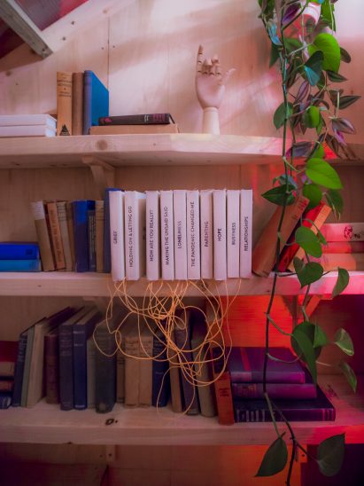 Books on a shelf inside a library