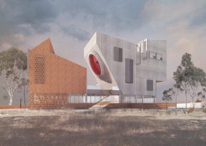 A visualisation of a grey and brick building