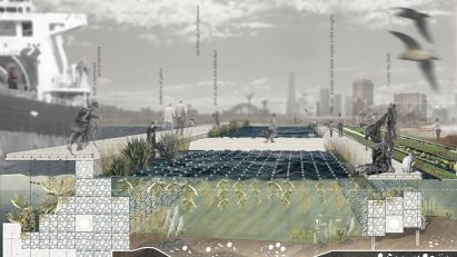 A visualisation of a city with aquaculture elements throughout