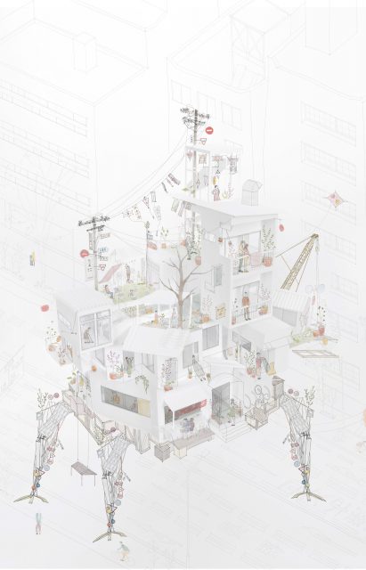 An illustration of a project that investigates the rebuilding of identities and moments of the people affected by the 2011 Japan earthquake and tsunami.
