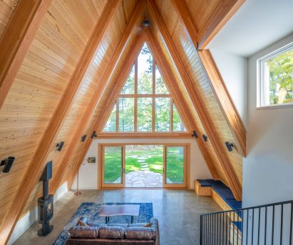 The living room interior of A-Frame cabin