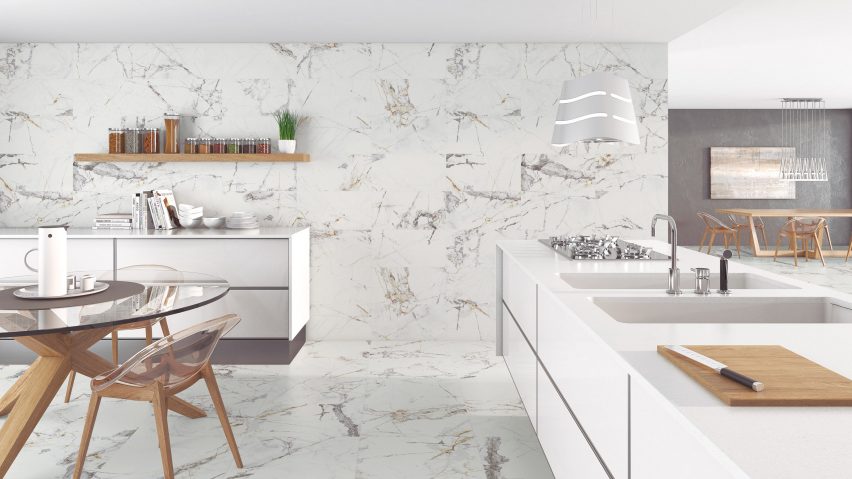 A photograph of La Platera's Allure tiles used on the floor and walls of a kitchen