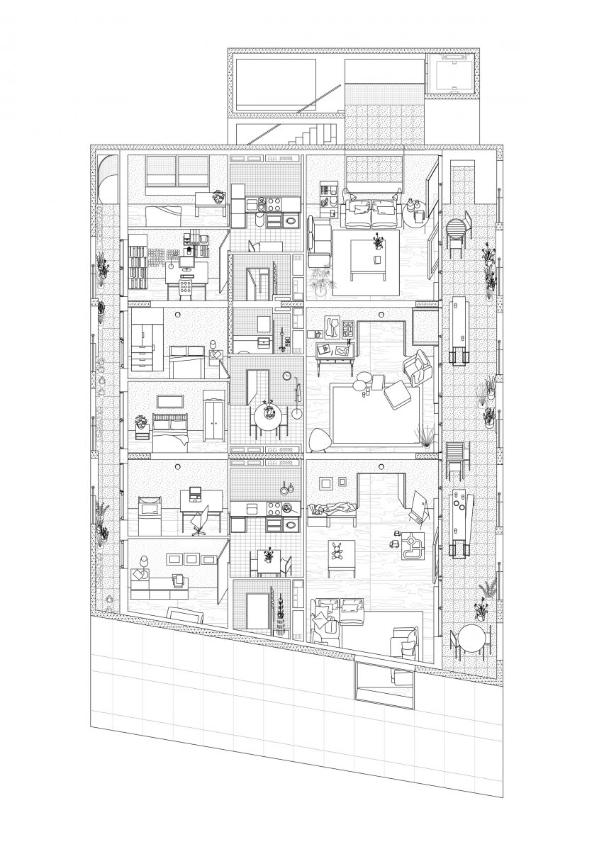 Axonometric drawing of apartments at A House for Artists