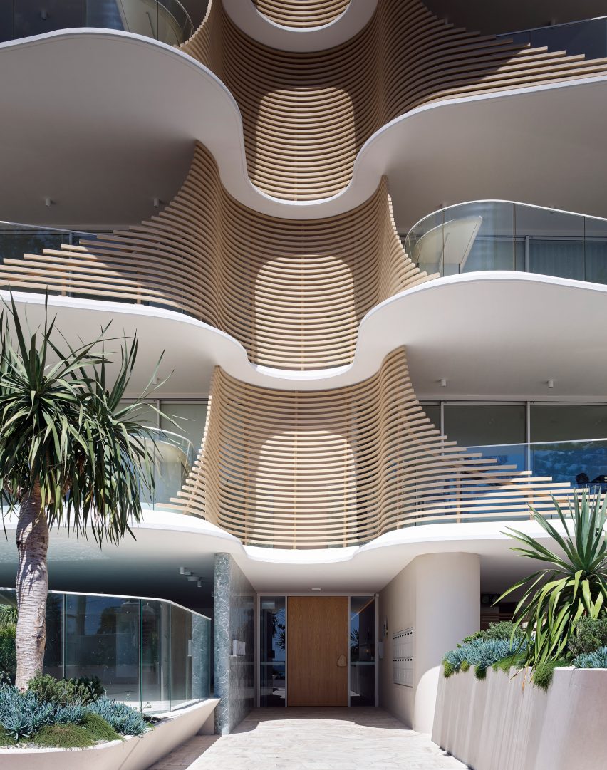 Exterior view of building with curved balconies