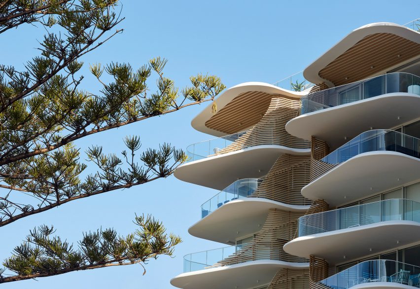 Slatted wooden screens on apartment block