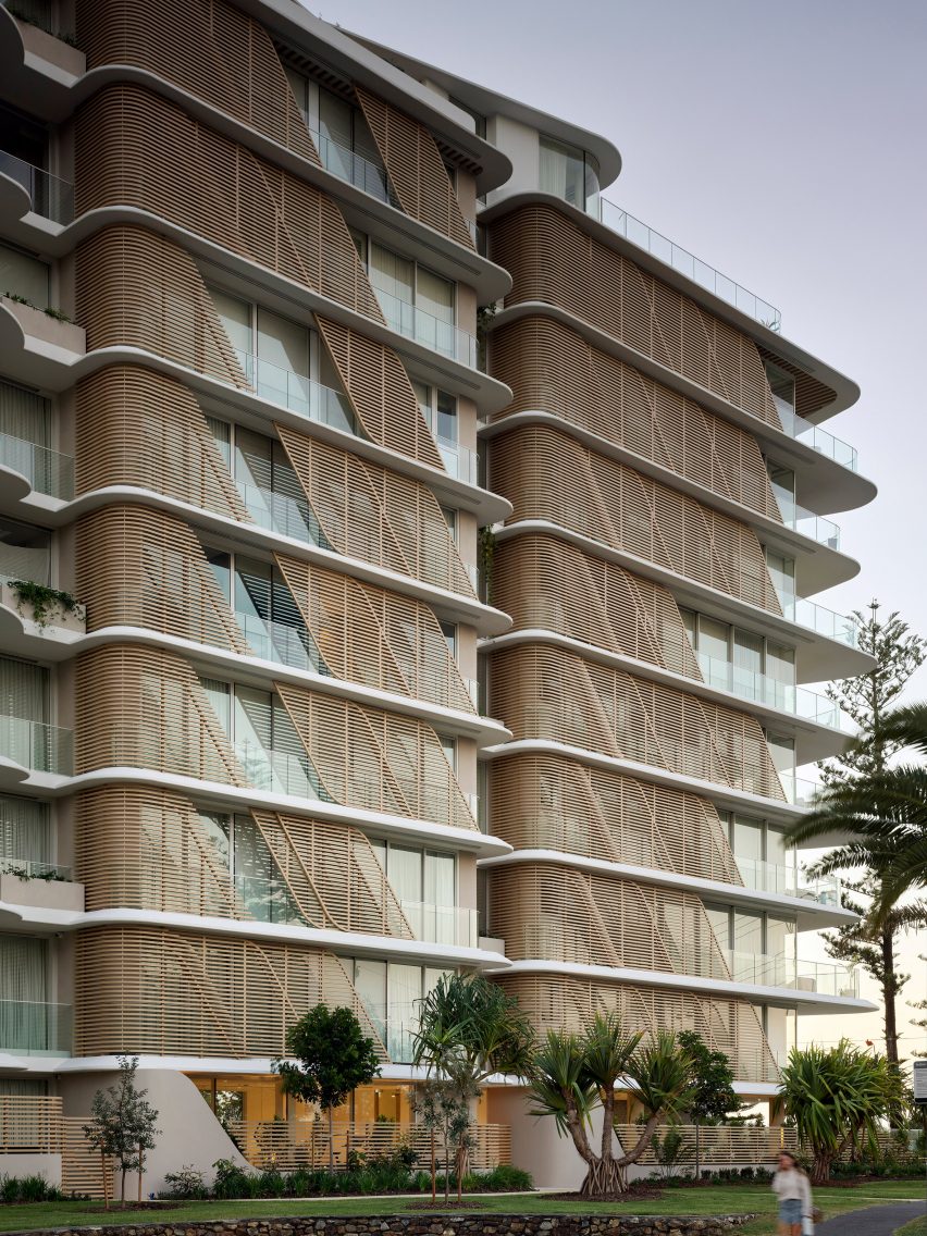 Slatted wooden screens on apartment block
