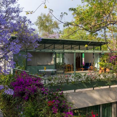 A green roof extension surrounded by flowers