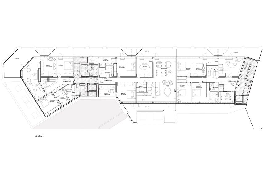 Lower level plan, City Approach apartments by DROO