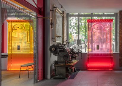 London retail space by Holloway Li with colourful resin panels in front of windows