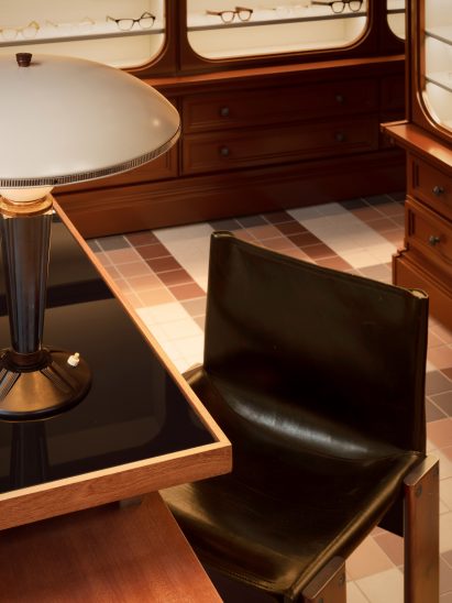 Lamp by Eileen Gray and Monk chair by Afra and Tobia Scarpa in Cubitts store