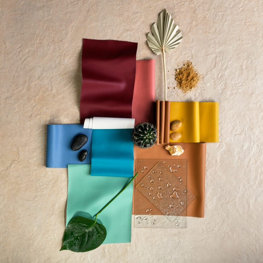 A photograph of swatches of the Deca vegan-friendly leather upholstery fabric by Camira
