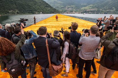 Image Still from the Film Walking on Water by Andrey M Paounov showing artist Cristo in front of one of his installations from Dezeen events guide january