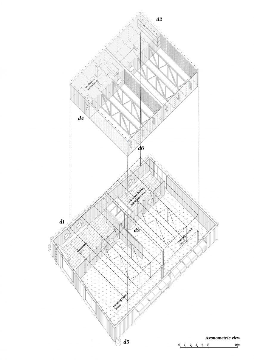 Axonometric diagram, Educan school for dogs, humans and other species