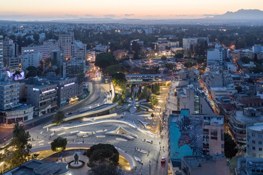 Aerial night view of Eleftheria Square by Zaha Hadid Architects