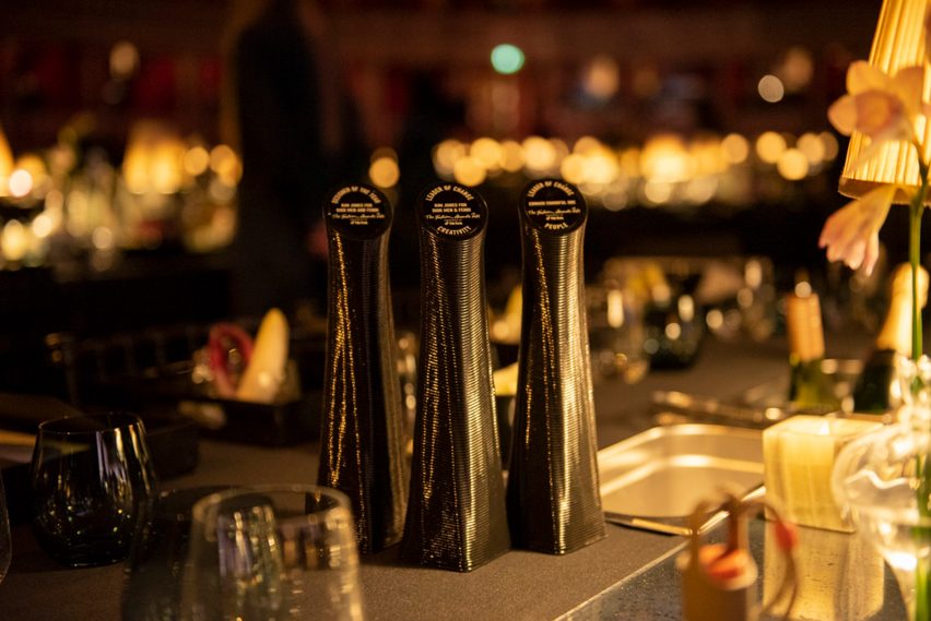 Three black up-cycled plastic trophies by Parley for the Oceans