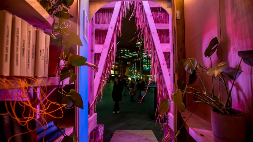 The Feelings Library lit up at night