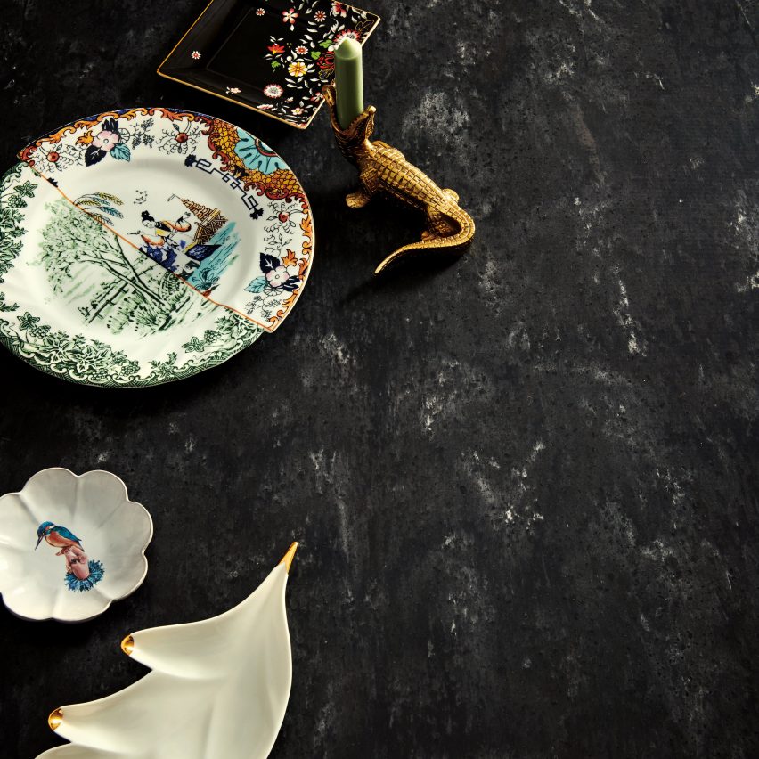 Black-marble effect finish Aurora Sanremo by HI-MACS with trinkets displayed on top