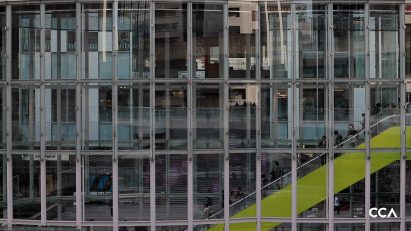 Glass facade of the Shibuya Stream skyscraper in Japan