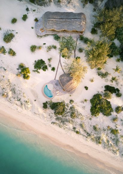 Aerial view of Kisawa guest bungalow and pool