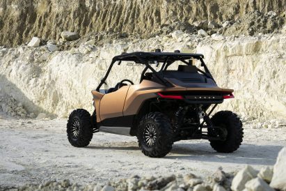 Rear view of bronze-coloured, hydrogen-powered buggy by Lexus