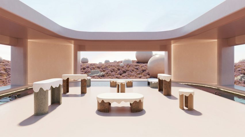 A render of the Melt table collection in a pink surrealist landscape