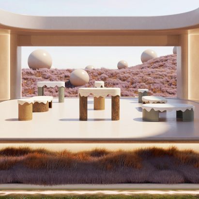 A render of the Melt table collection in a pink surrealist landscape