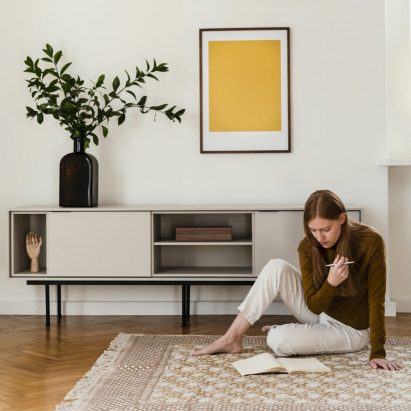 Mod Media Furniture sideboard in grey in a living room setting