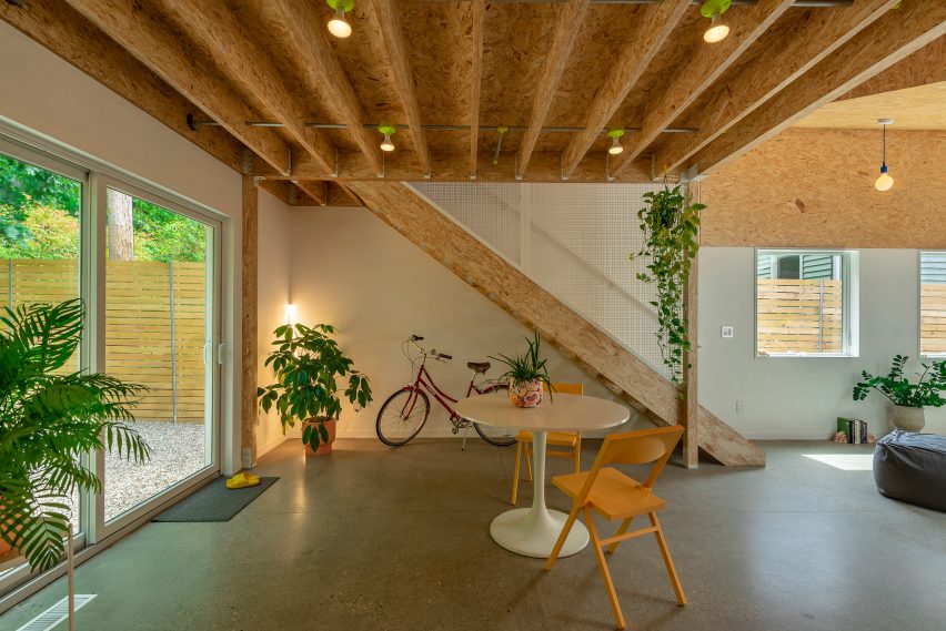 Inside ADU in Ann Arbor with fibreboard walls
