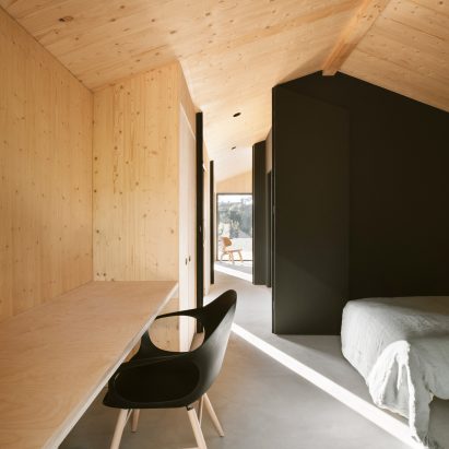 Plywood interiors of Pine Nut Cabane