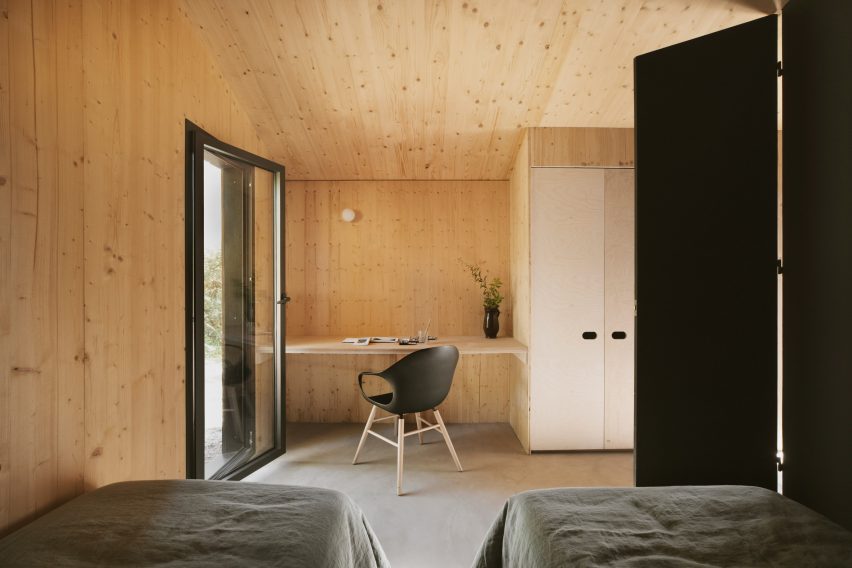 Cabin with plywood-lined interior
