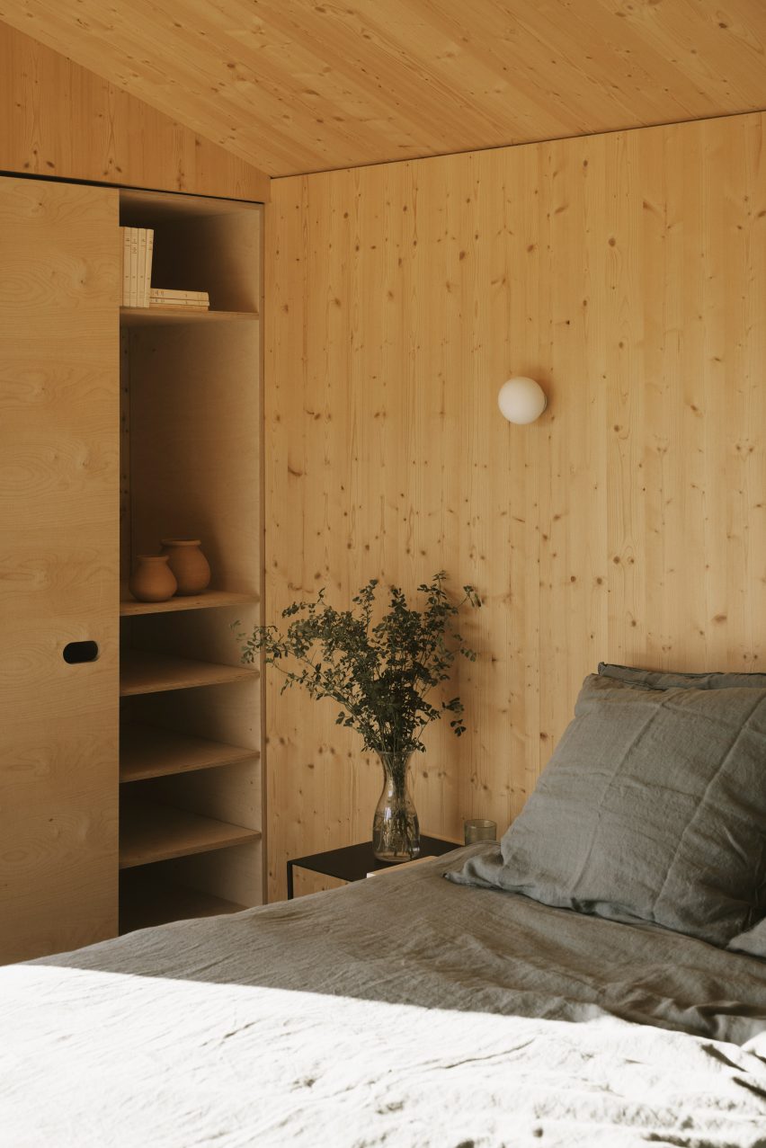 Cabin with plywood-lined interior