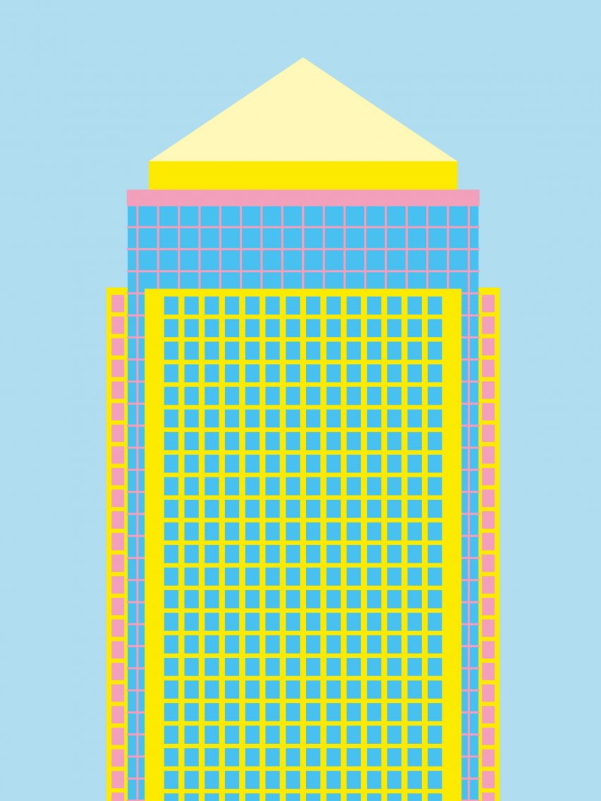 One Canada Square illustration in blue, orange and yellow